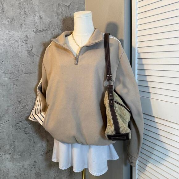 Tan & Cream Pinstripe Quarter Zip Crewneck - Picture 3 of 6